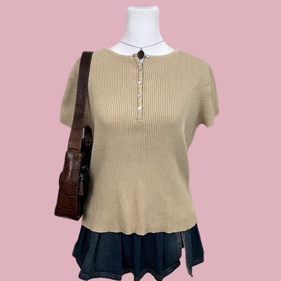 vintage 90s beige downtown it girl elevated basic knit top - Picture 1 of 7